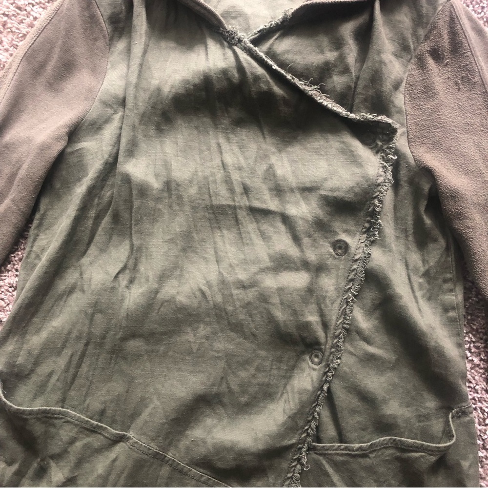 Free People Asymmetrical Snap Button Hoodie Olive Green Linen Blend S Top - Picture 6 of 10